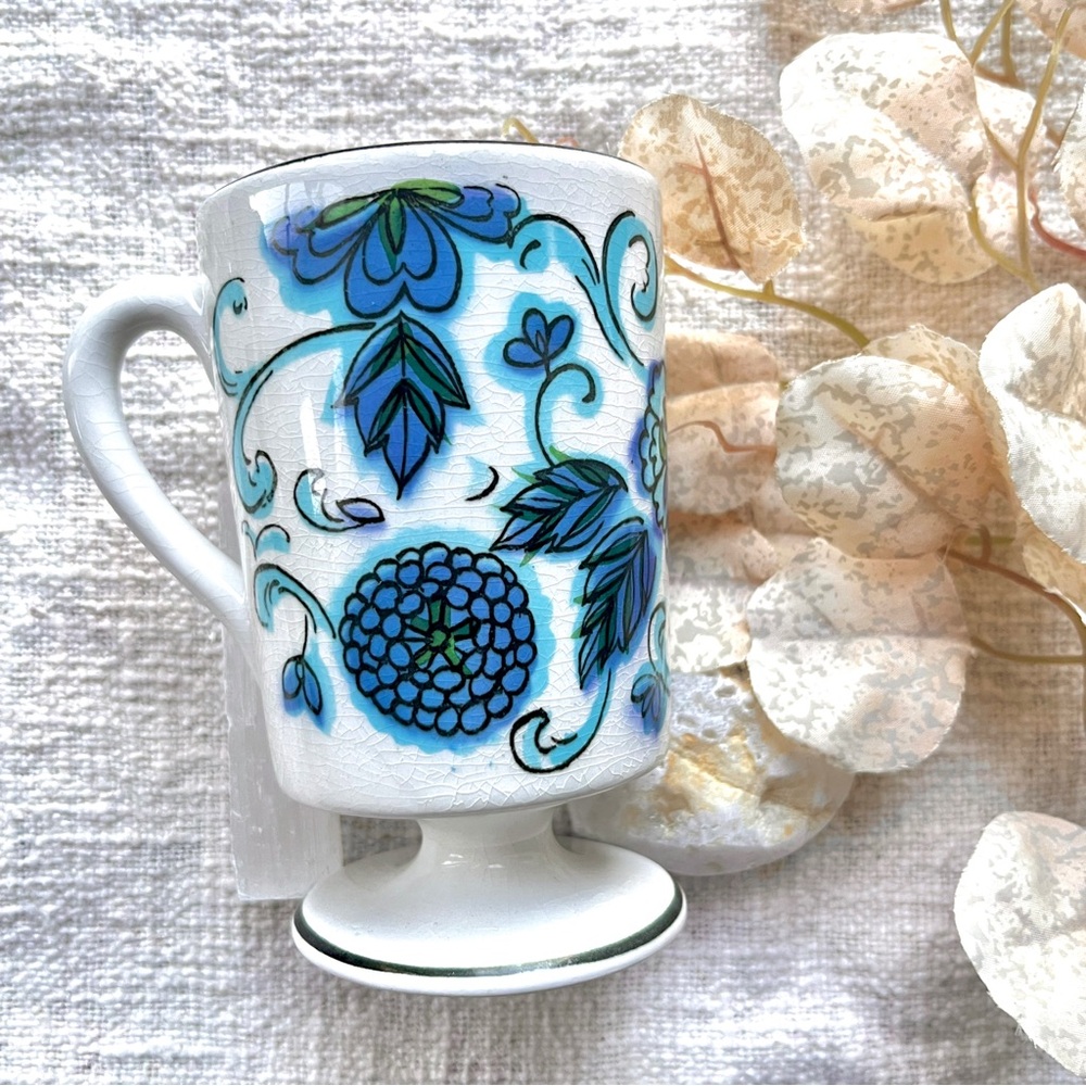 Vintage Holt Howard Pedestal Coffee Cup 1964 MCM Blue Floral Design 8oz